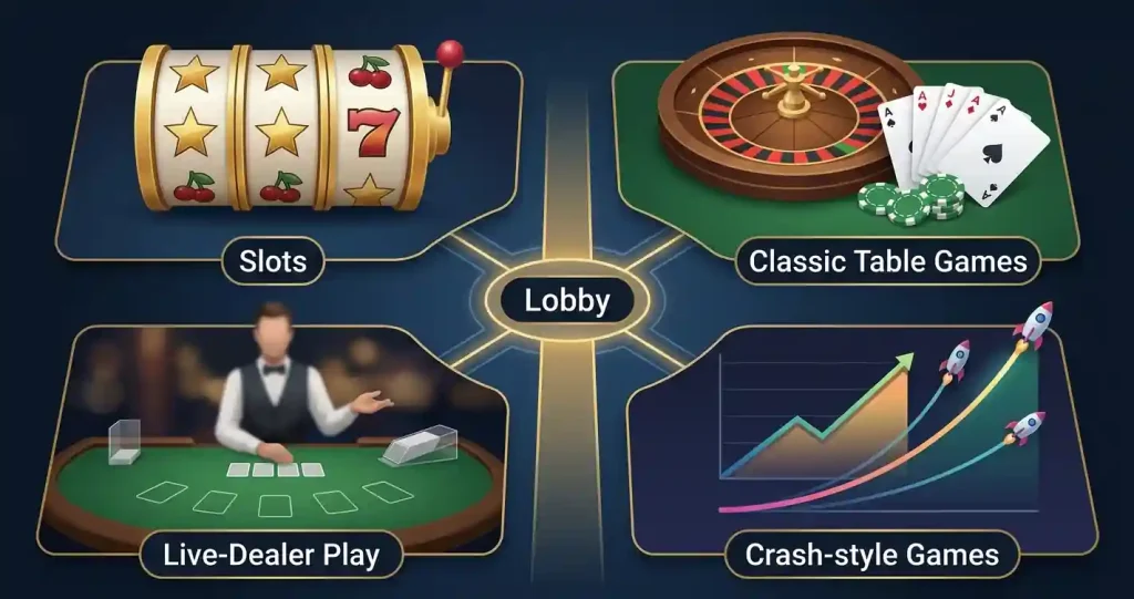 Editorial game-lobby category map with slots, table games, live casino and crash-style games