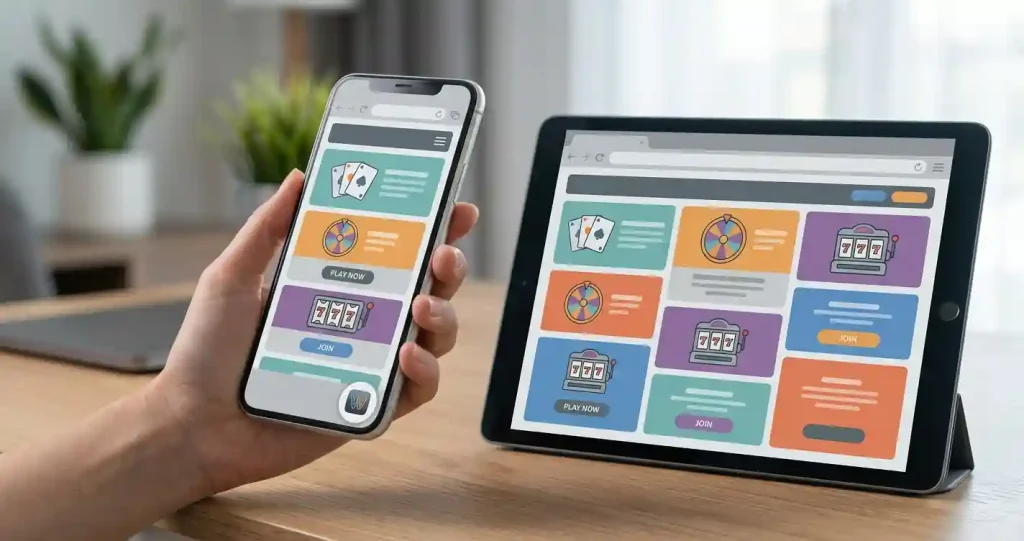 Editorial illustration of casino access through a responsive mobile browser on phone and tablet