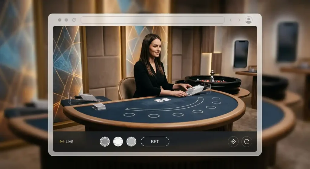Abstract live dealer casino table scene framed as an editorial browser view